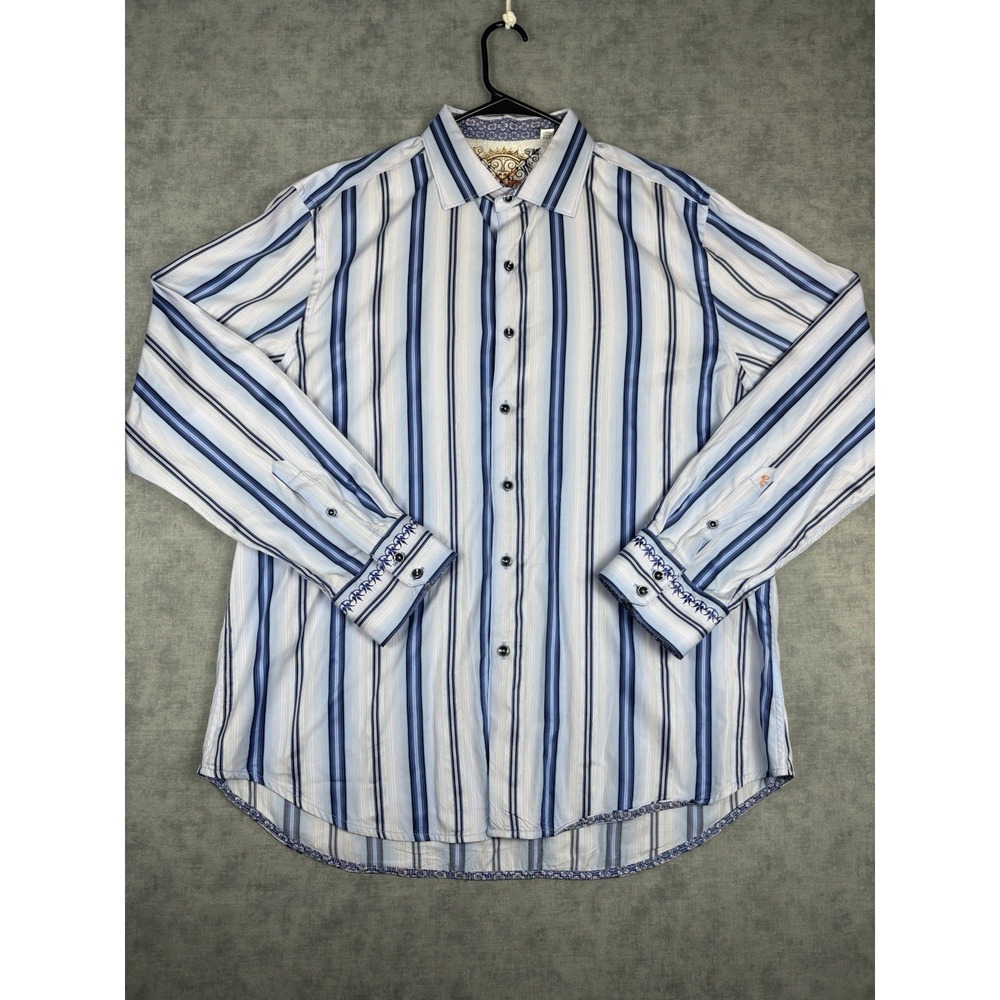 Robert Graham Striped Button Up Shirt 2XL Blue Embroidered Flip Cuff